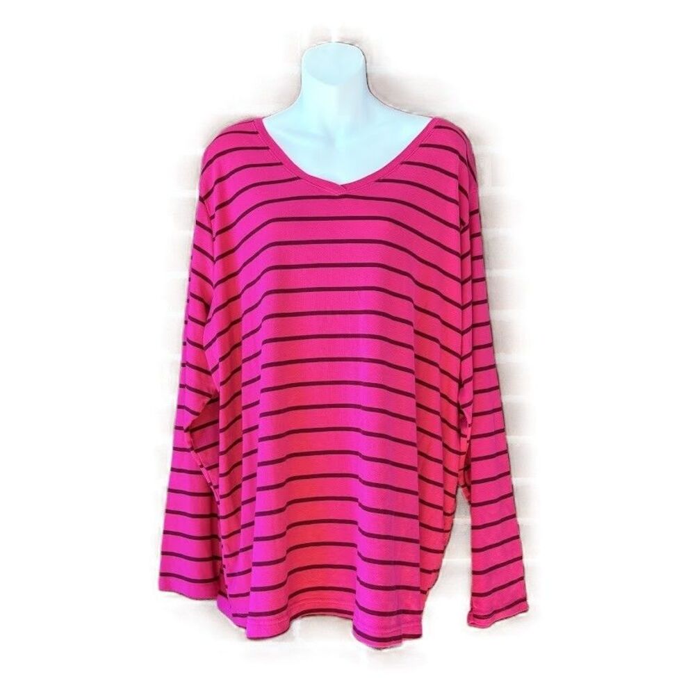 Croft & Barrow Womens 3X Plus Classic Tee Pink Striped V Neck Long Sleeve Cotton